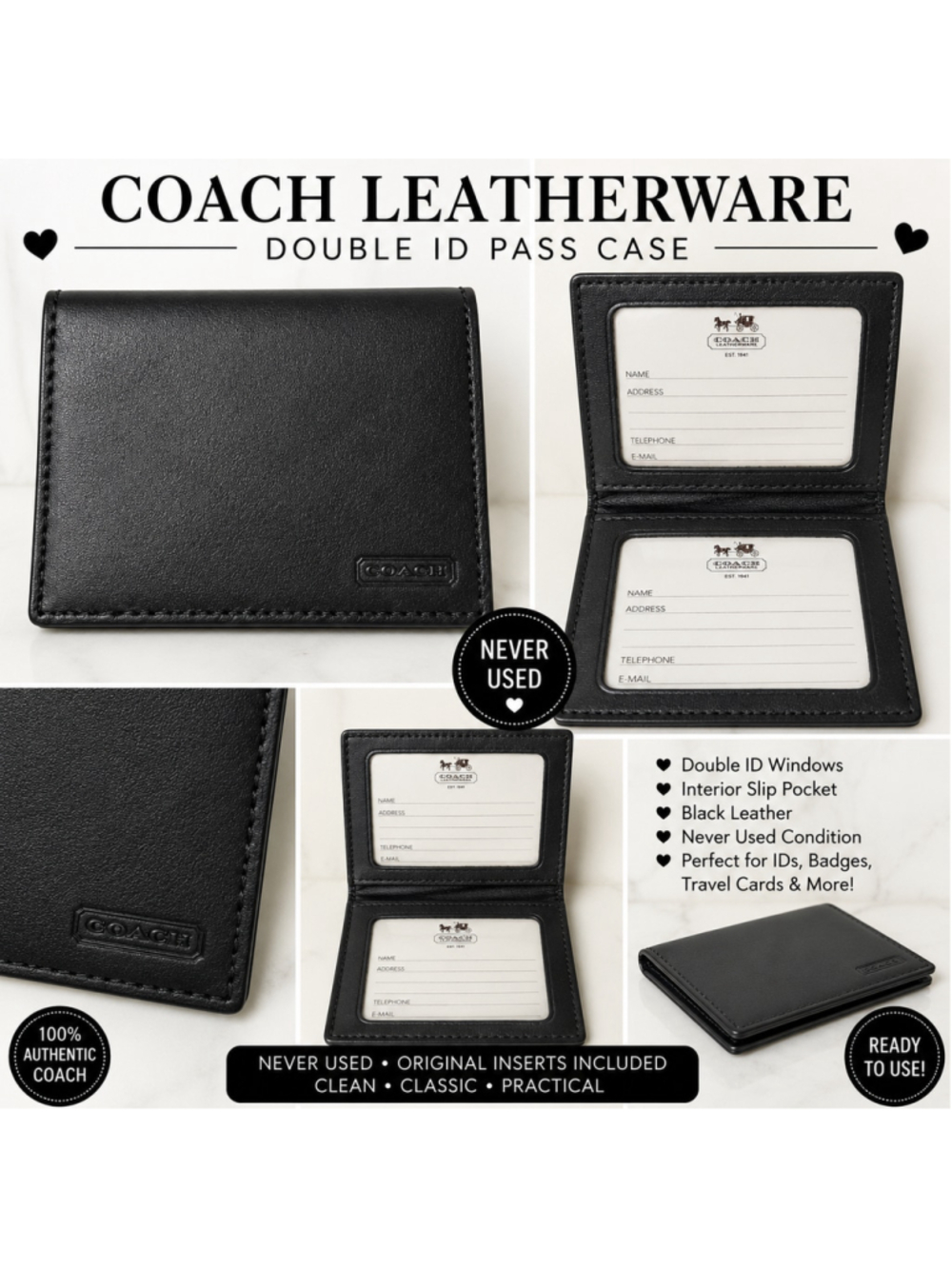 Coach Black Leather Double ID Pass Case Wallet